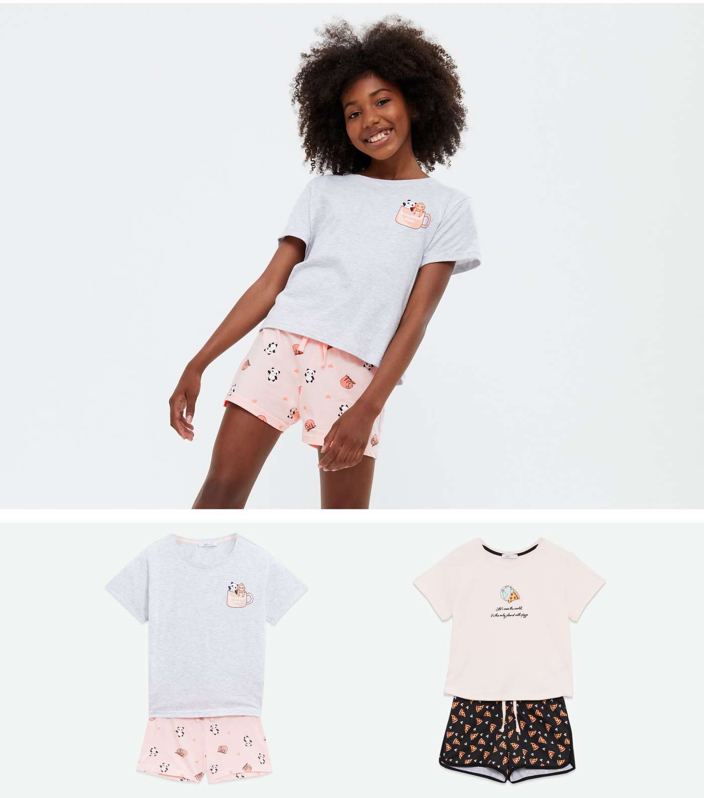 Girls 2 Pack Multicoloured Panda and Pizza Pyjama Sets