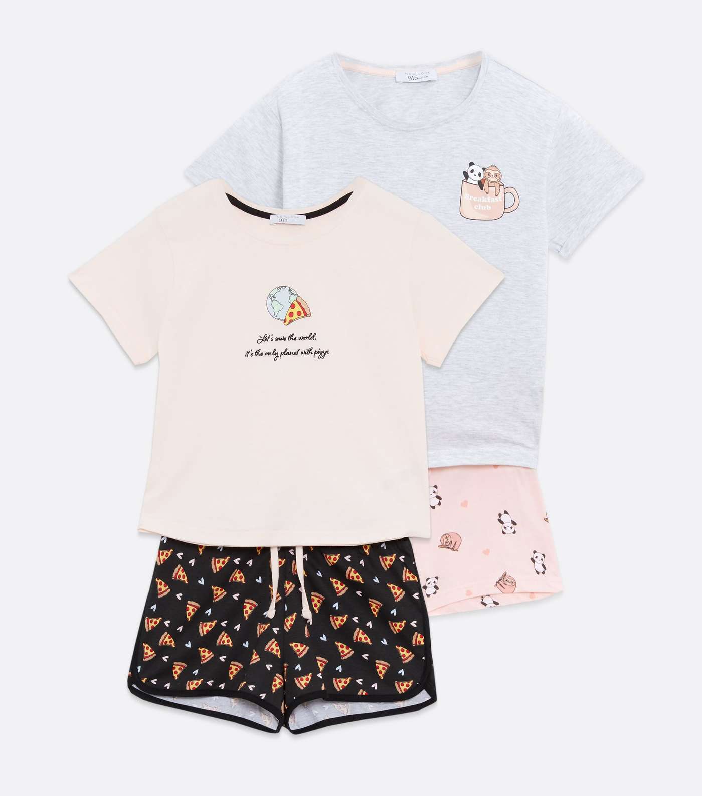 Girls 2 Pack Multicoloured Panda and Pizza Pyjama Sets Image 5
