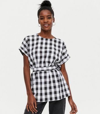 Check Belted Button Back Long Blouse 