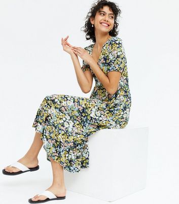 Black Floral Jersey V Neck Frill Midi 