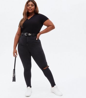 Click to view product details and reviews for Curves Black Ripped High Waist Hallie Super Skinny Jeans New Look.