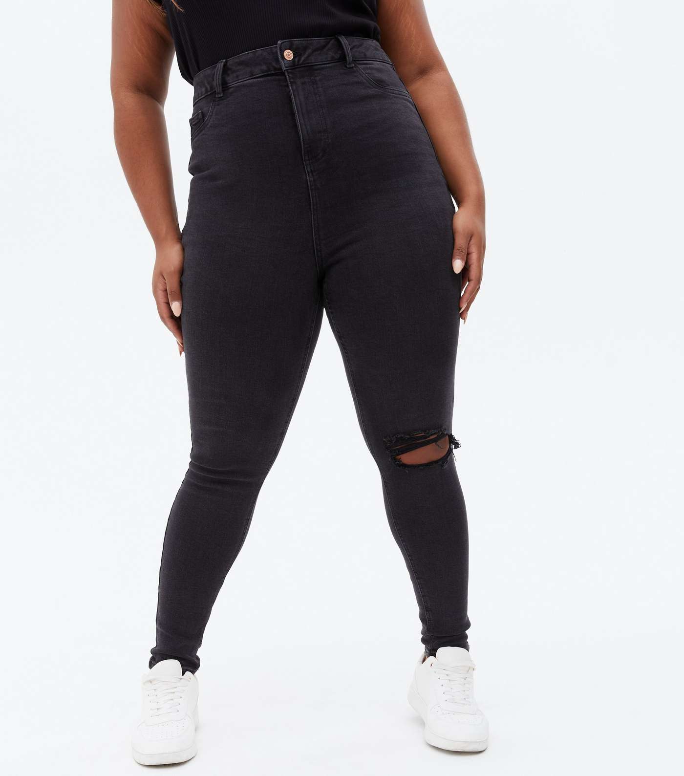 Curves Black Ripped High Waist Hallie Super Skinny Jeans Image 2