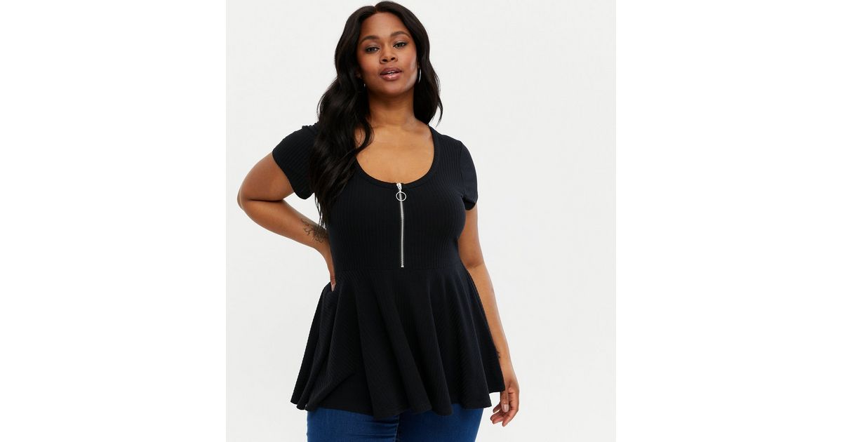 Curves Black Ribbed Zip Peplum Top | New Look