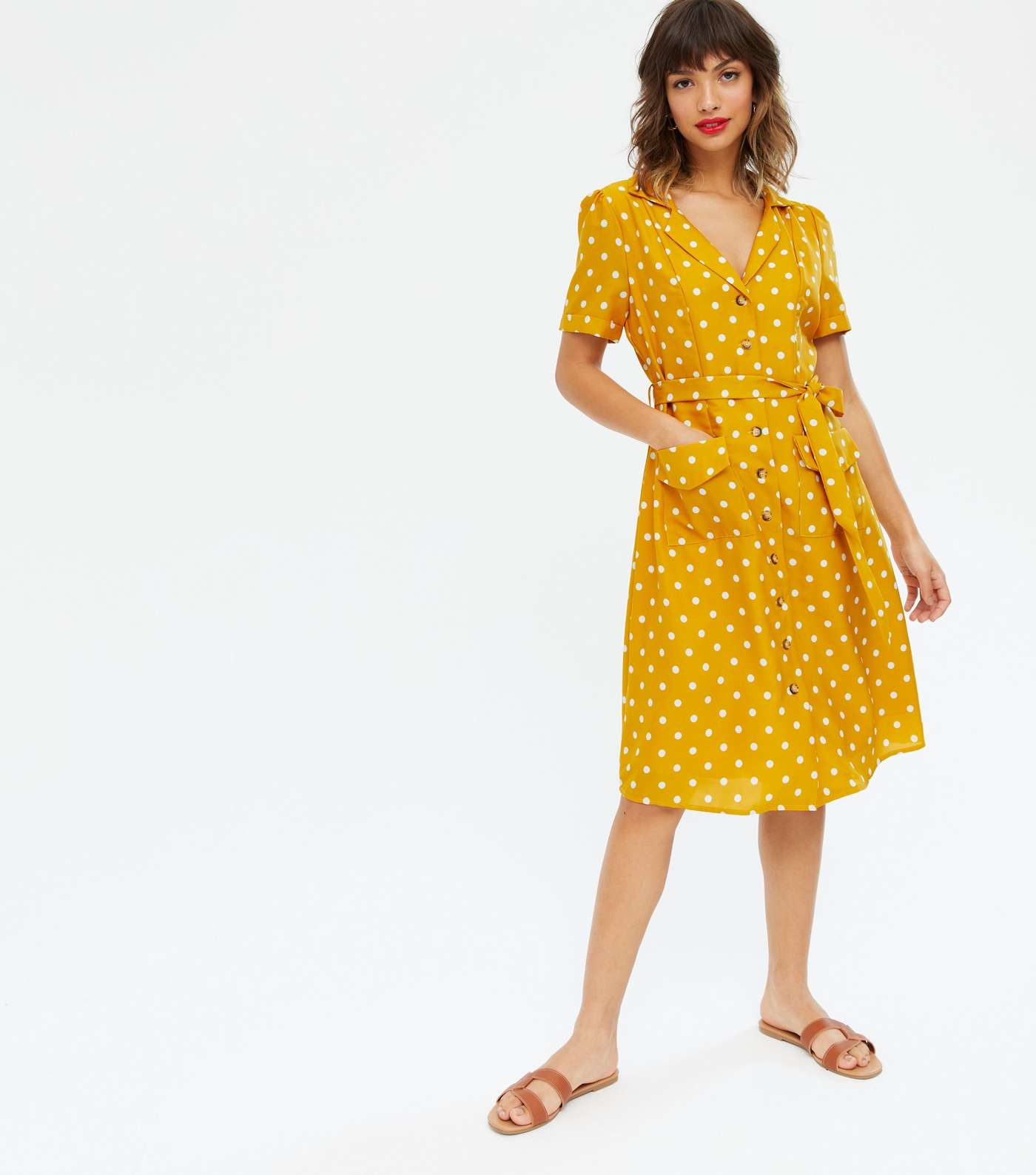 Yumi Yellow Spot Puff Sleeve Shirt Dress
