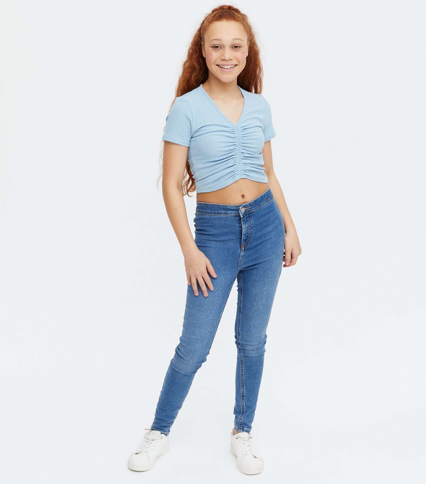 Girls Pale Blue Ribbed Ruched Front T-Shirt Image 2