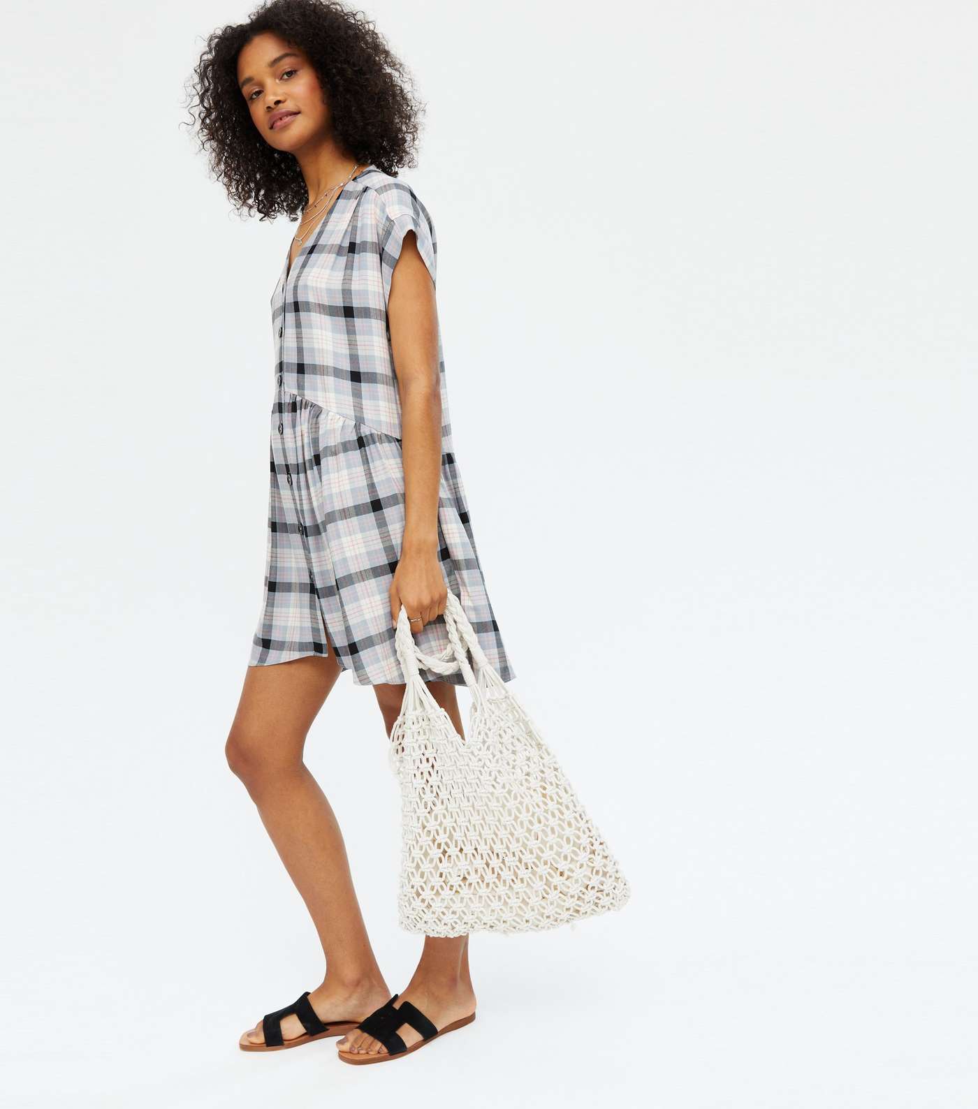 White Check Button Front Smock Dress Image 2
