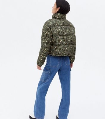 green leopard print puffer jacket