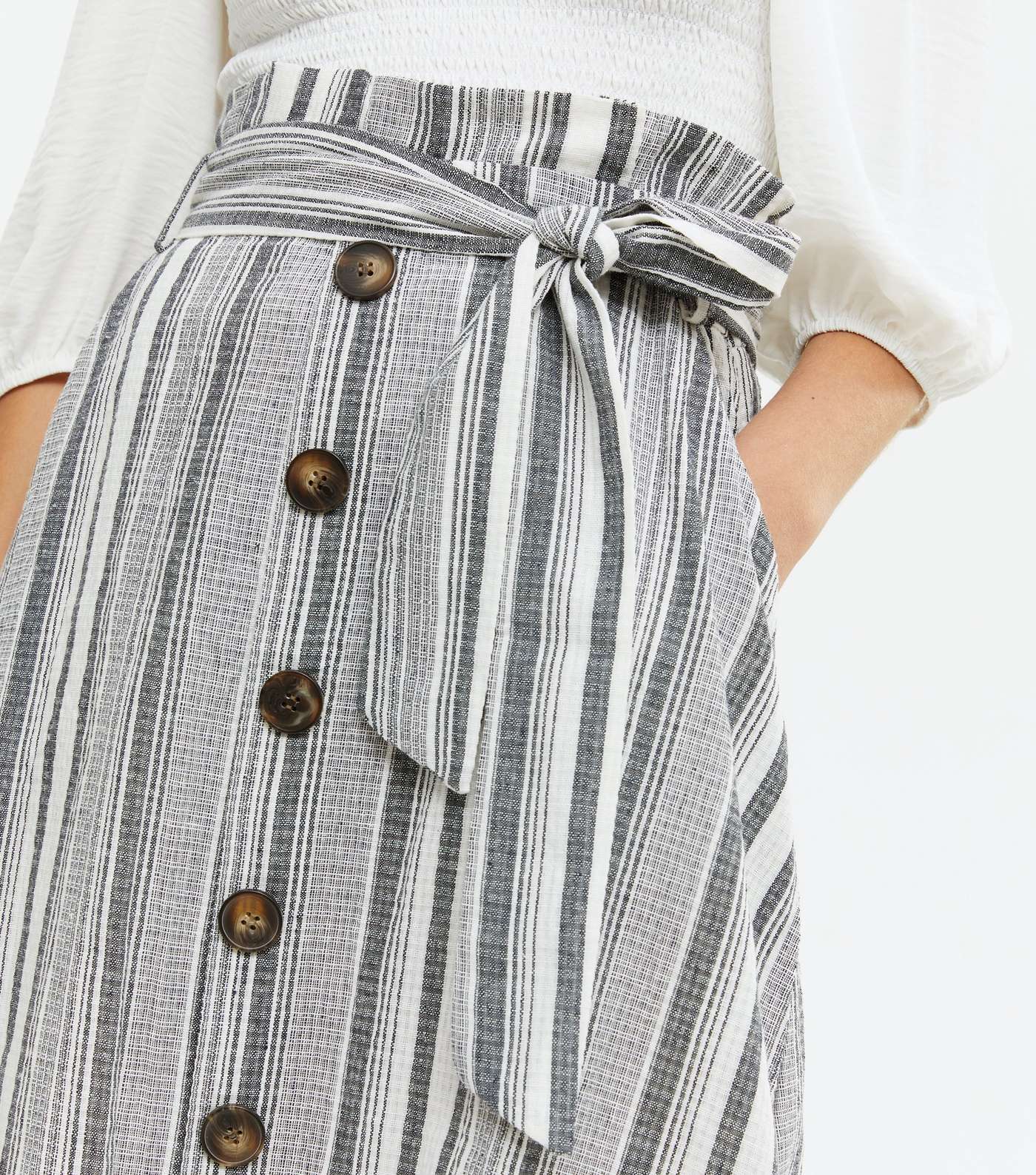Blue Vanilla Blue Stripe Tie Waist Button Midi Skirt Image 3