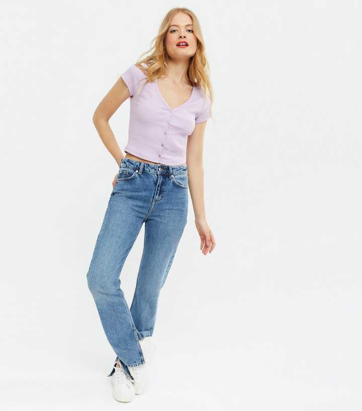 Lilac Ribbed Button Up Cropped T-Shirt New Look 
