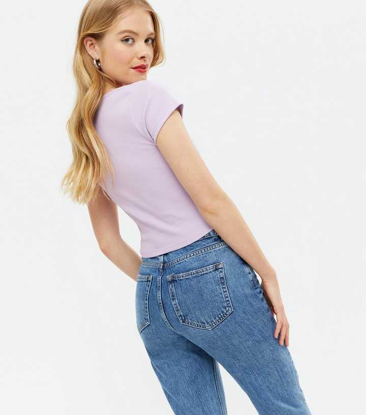 Up | New Cropped Lilac T-Shirt Ribbed Look Button