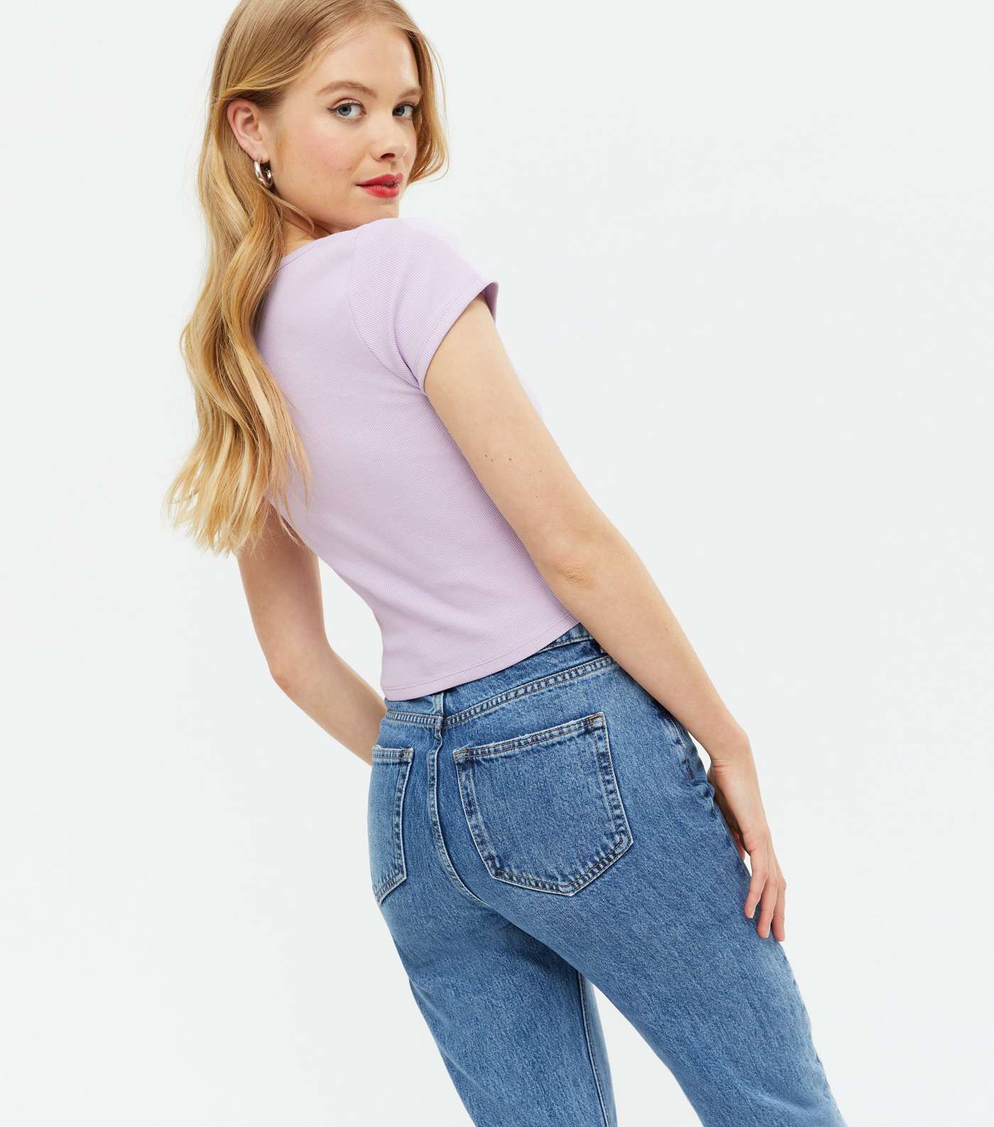 Lilac Ribbed Button Up Cropped T-Shirt Image 4