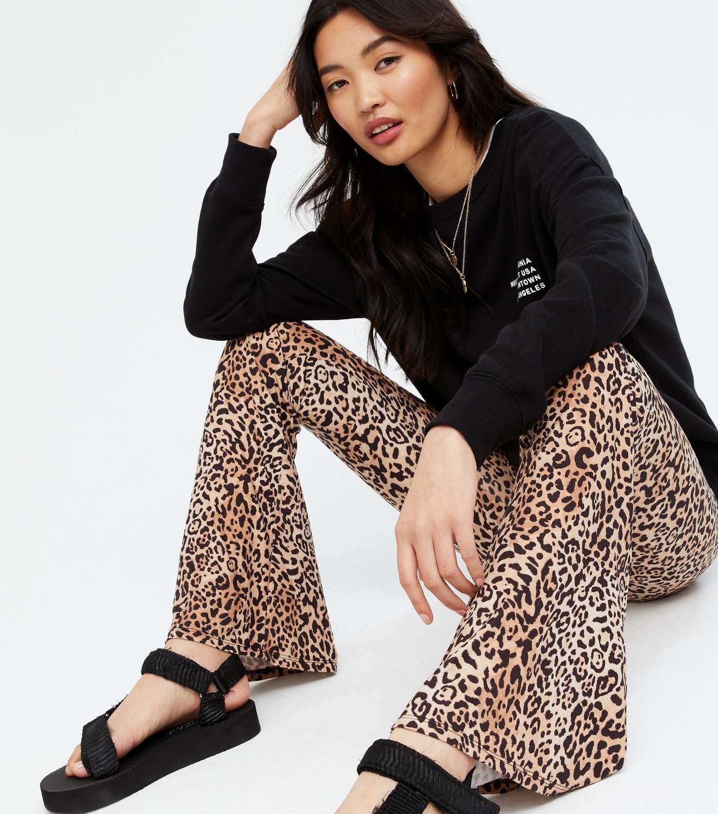 Brown Leopard Print Flared Leg Trousers