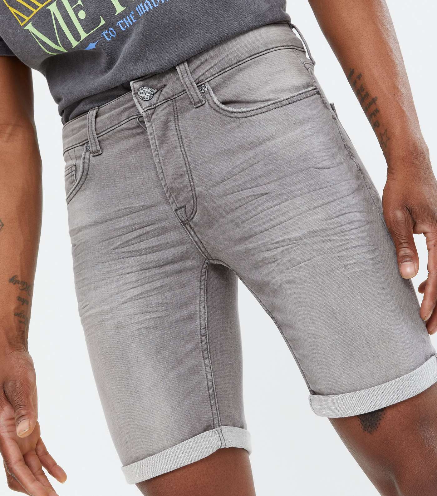 Only & Sons Grey Denim Skinny Fit Shorts Image 3