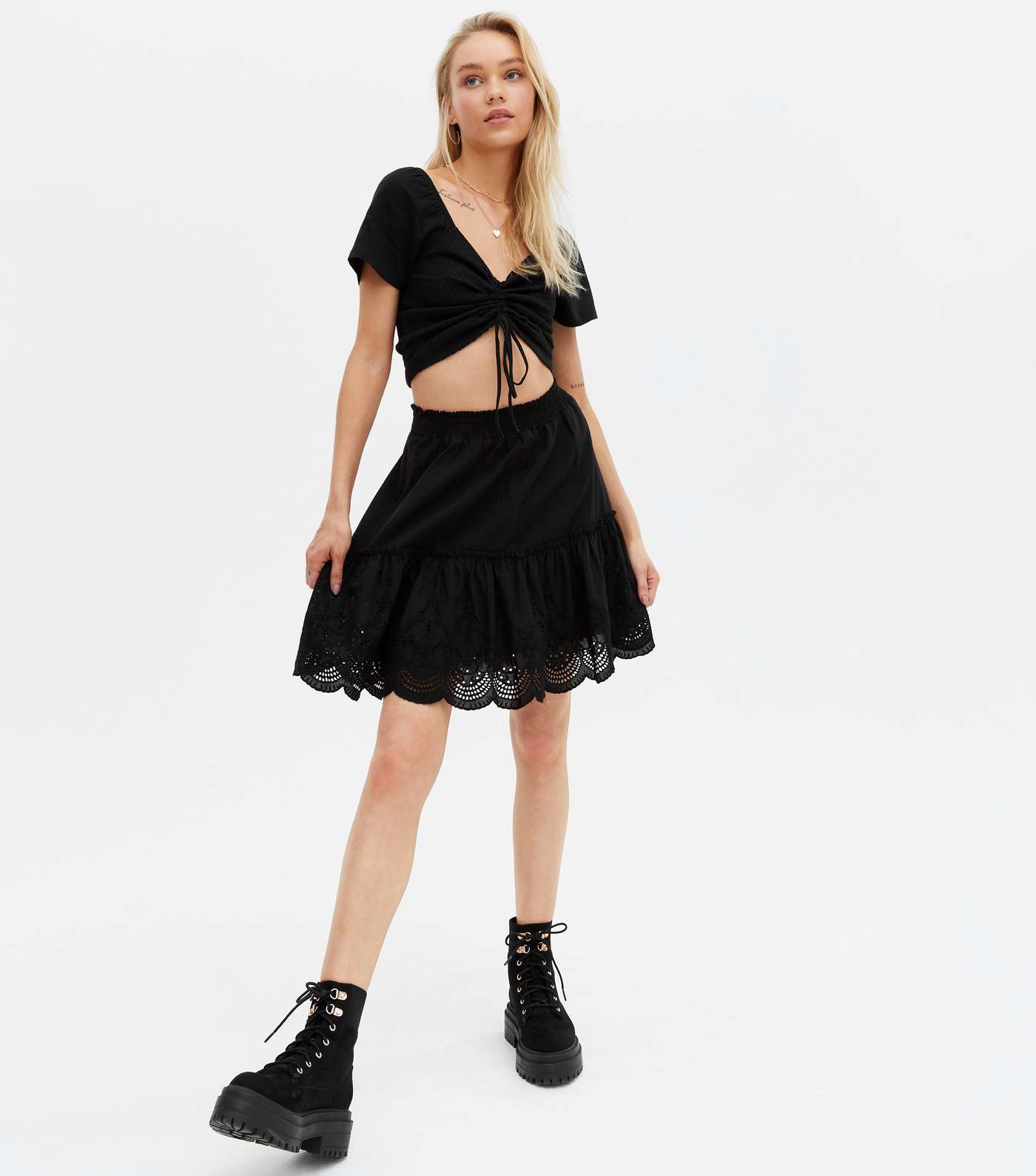 Black Broderie Tiered Mini Skirt