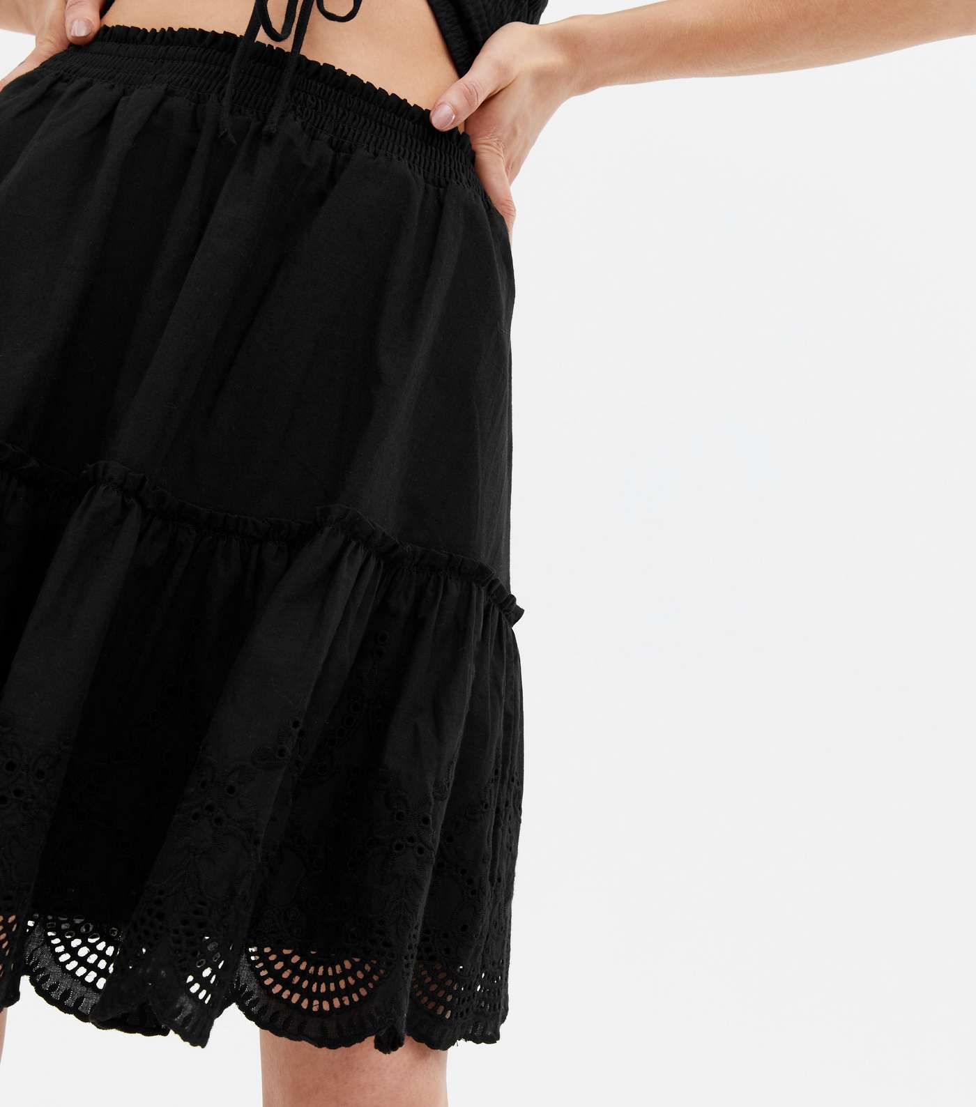 Black Broderie Tiered Mini Skirt Image 3