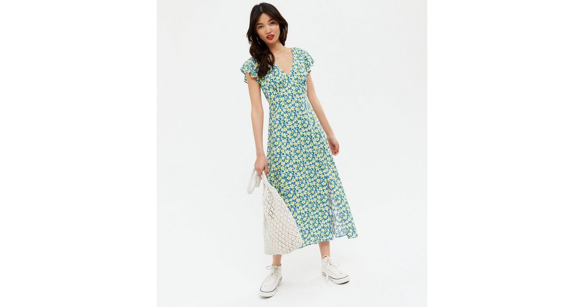 Blue Floral Frill Split Midi Dress | New Look