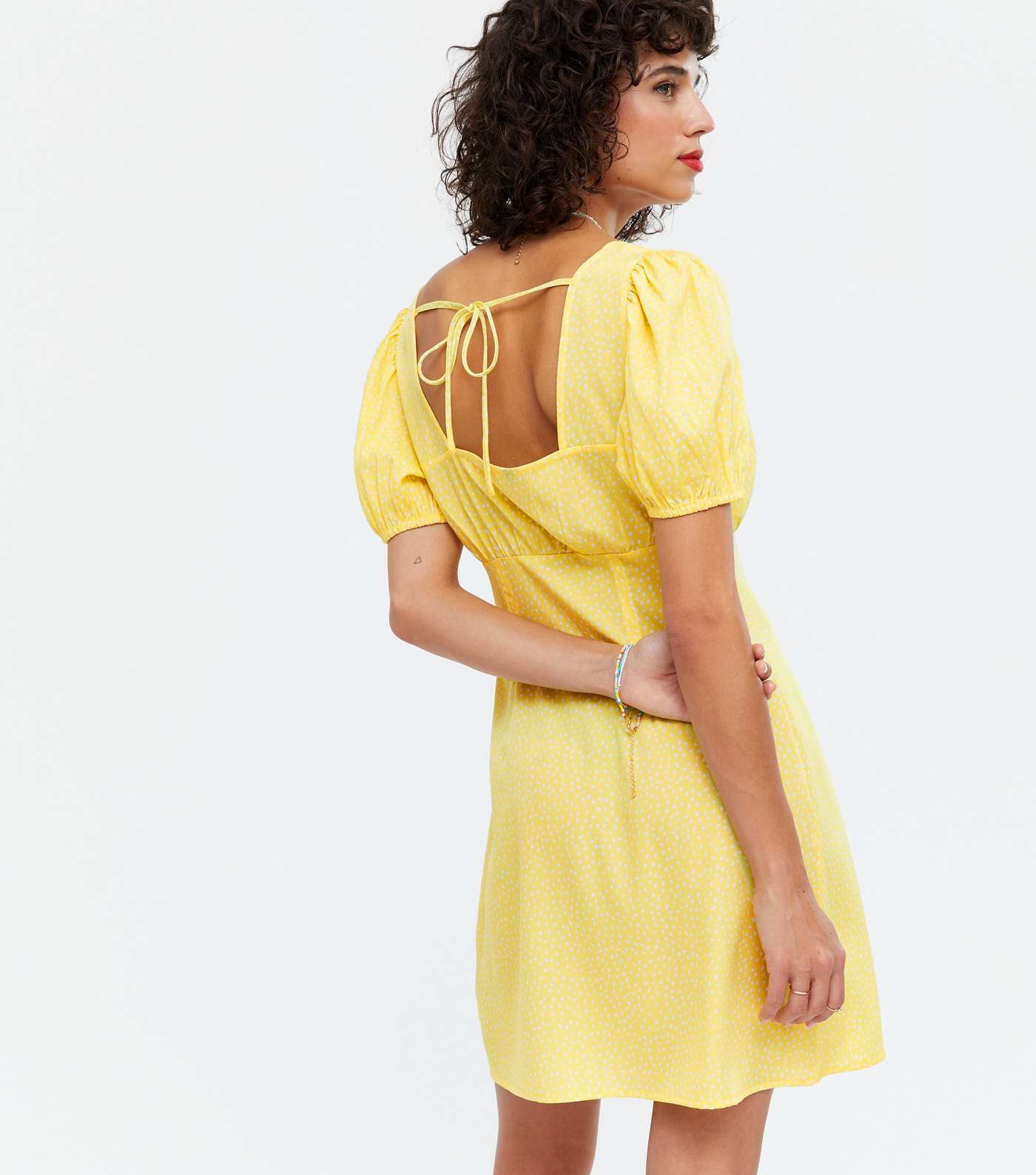 Yellow Spot Tie Back Puff Sleeve Mini Dress Image 4
