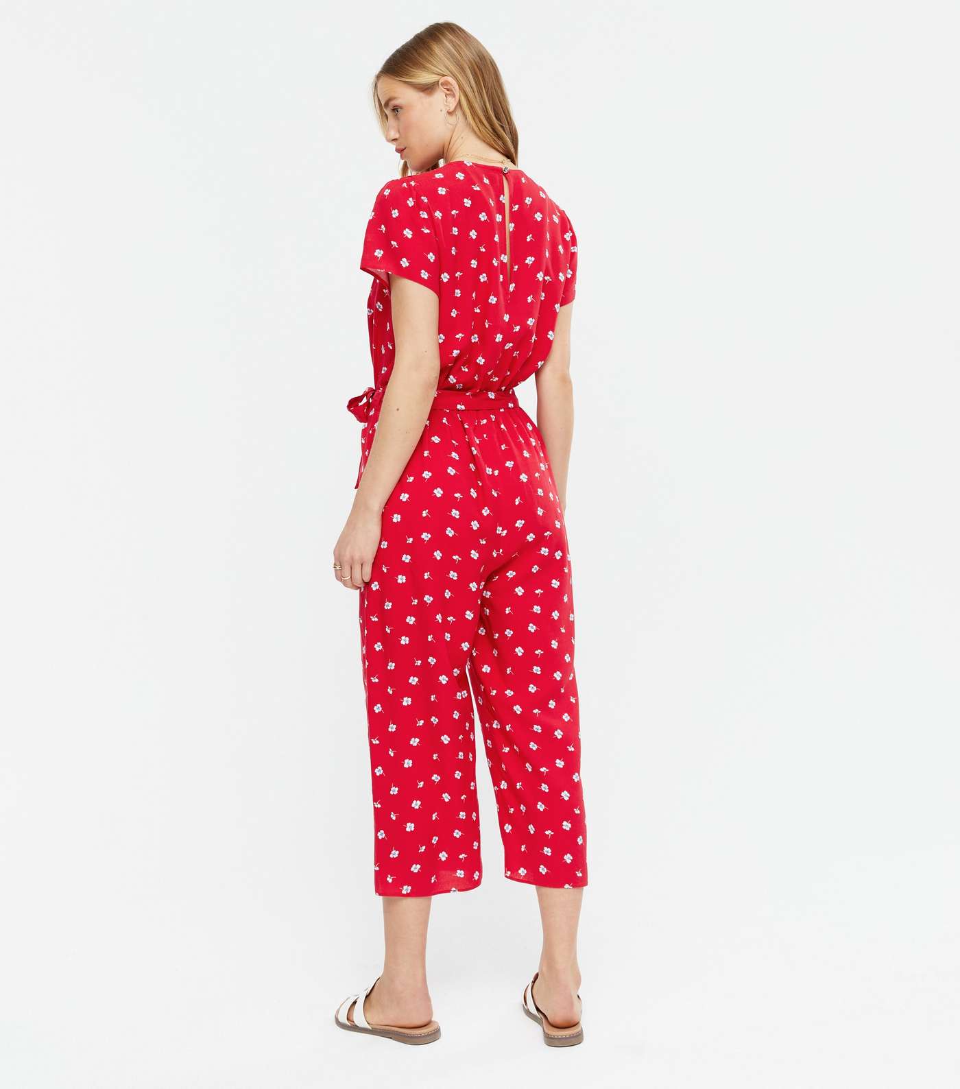 Red Floral Ruffle Wrap Crop Jumpsuit Image 4