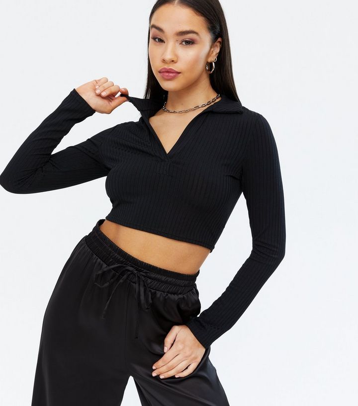 Black Ribbed V Collared Long Sleeve Crop Top New Look
