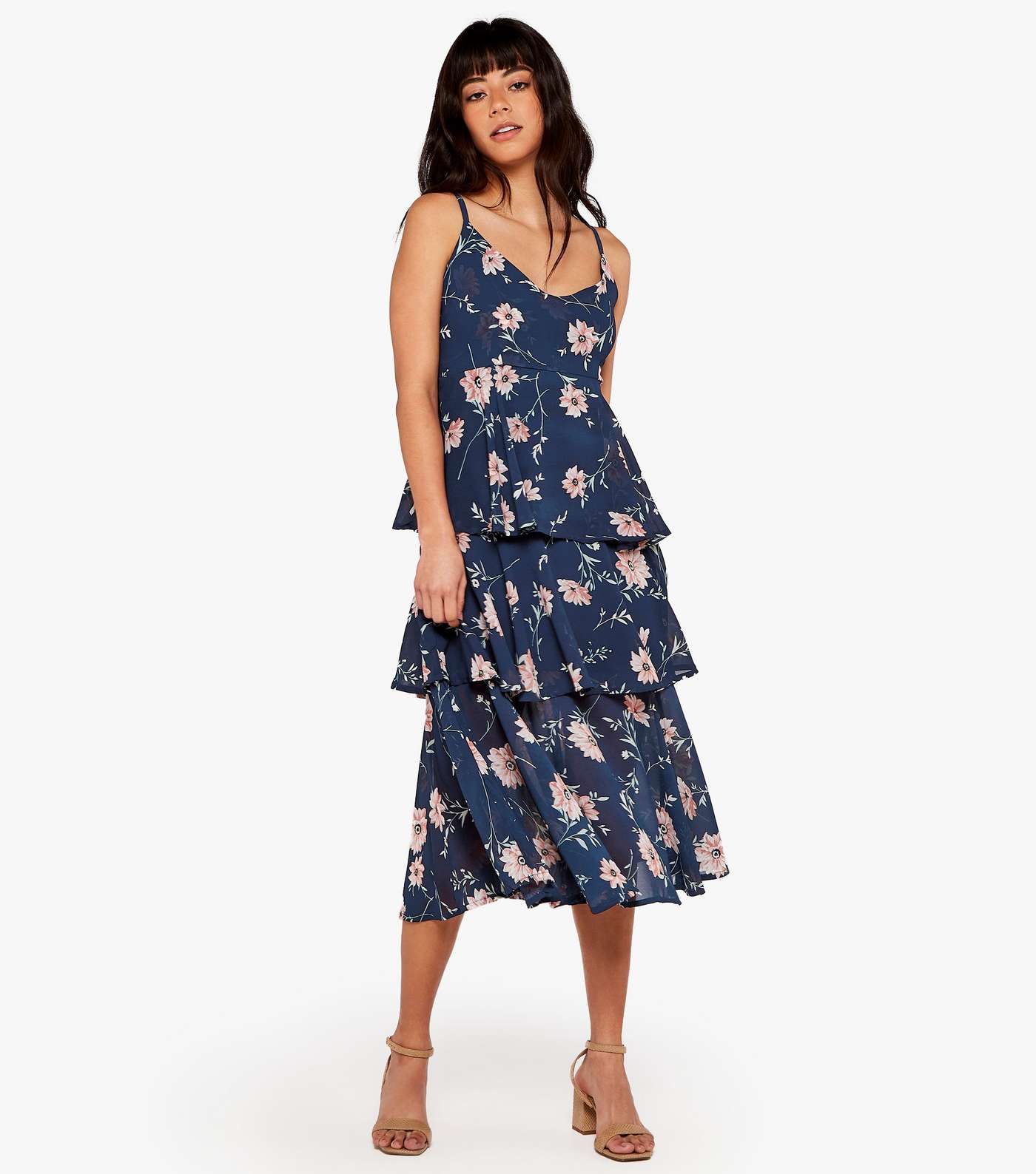 Apricot Navy Floral Tiered Midi Dress