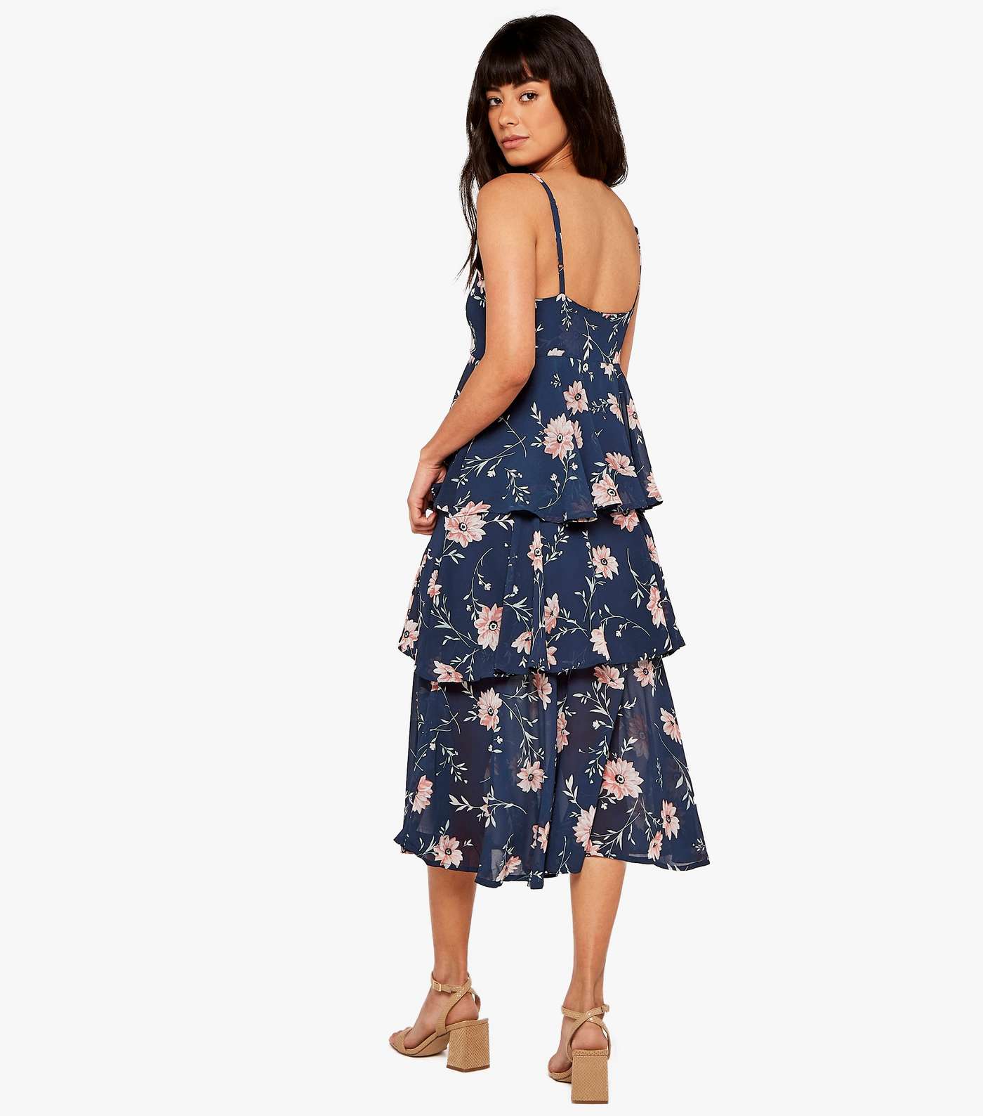 Apricot Navy Floral Tiered Midi Dress Image 3