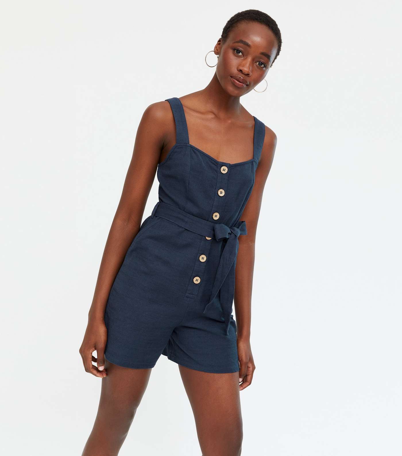 Tall Navy Button Square Neck Belted Playsuit