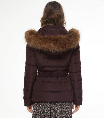 fitted puffer jacket with fur hood