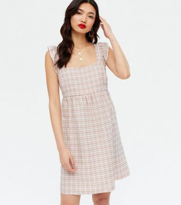 Pink Check Square Neck Frill Mini Dress | New Look