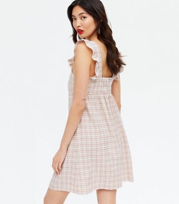Pink Check Square Neck Frill Mini Dress | New Look