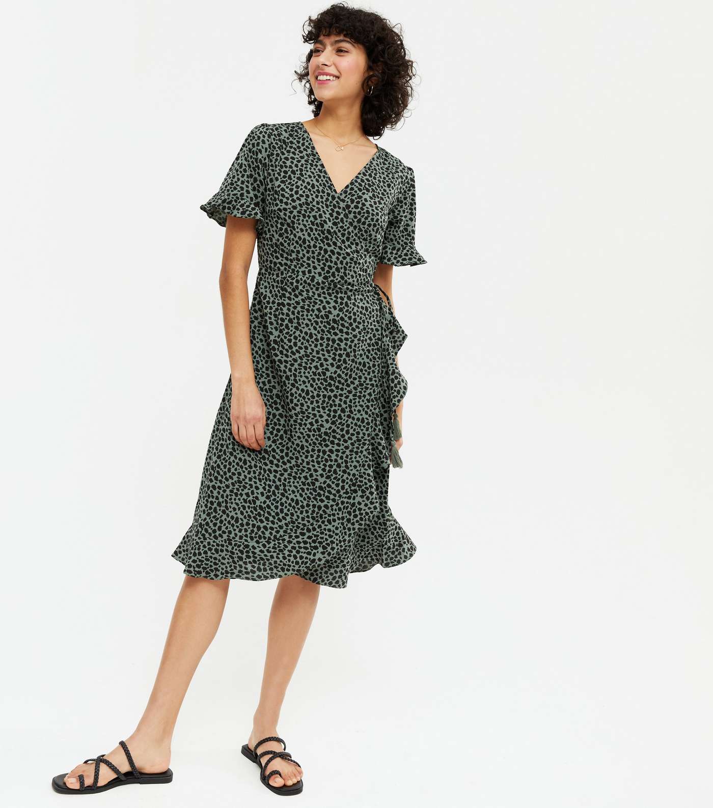 Yumi Green Leopard Print Ruffle Wrap Midi Dress