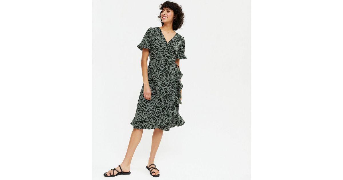 Yumi Green Leopard Print Ruffle Wrap Midi Dress | New Look