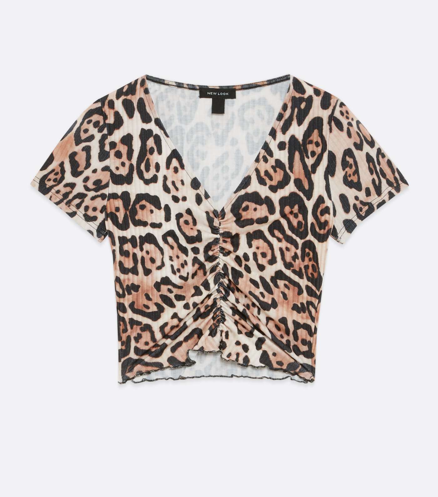 Brown Leopard Print Ribbed Ruched Front Top Image 5