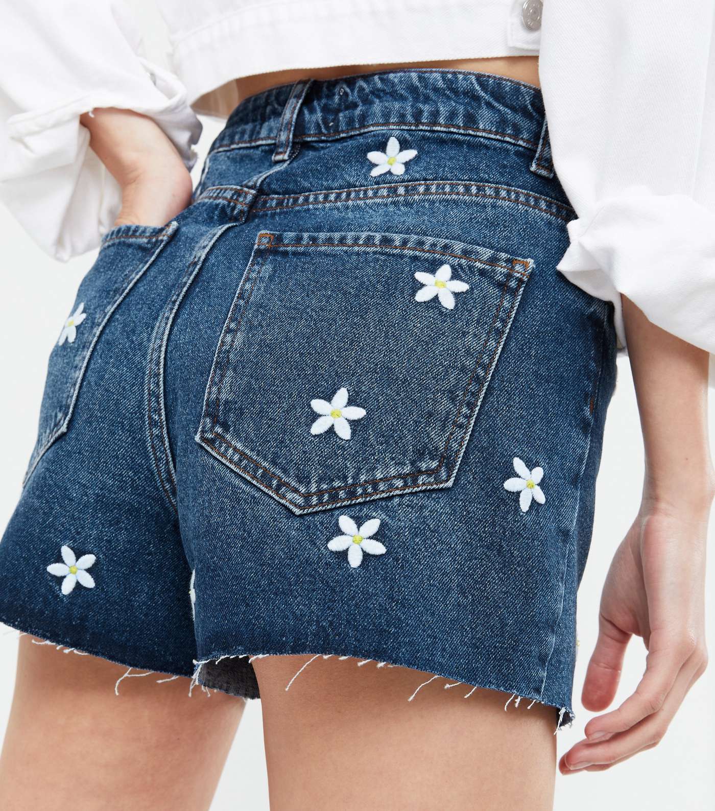 Blue Daisy Embroidered Mom Shorts  Image 3