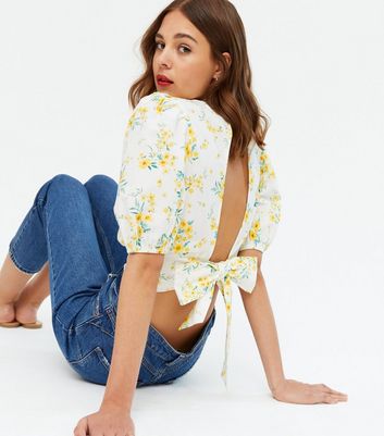White Floral Poplin Tie Back Blouse 