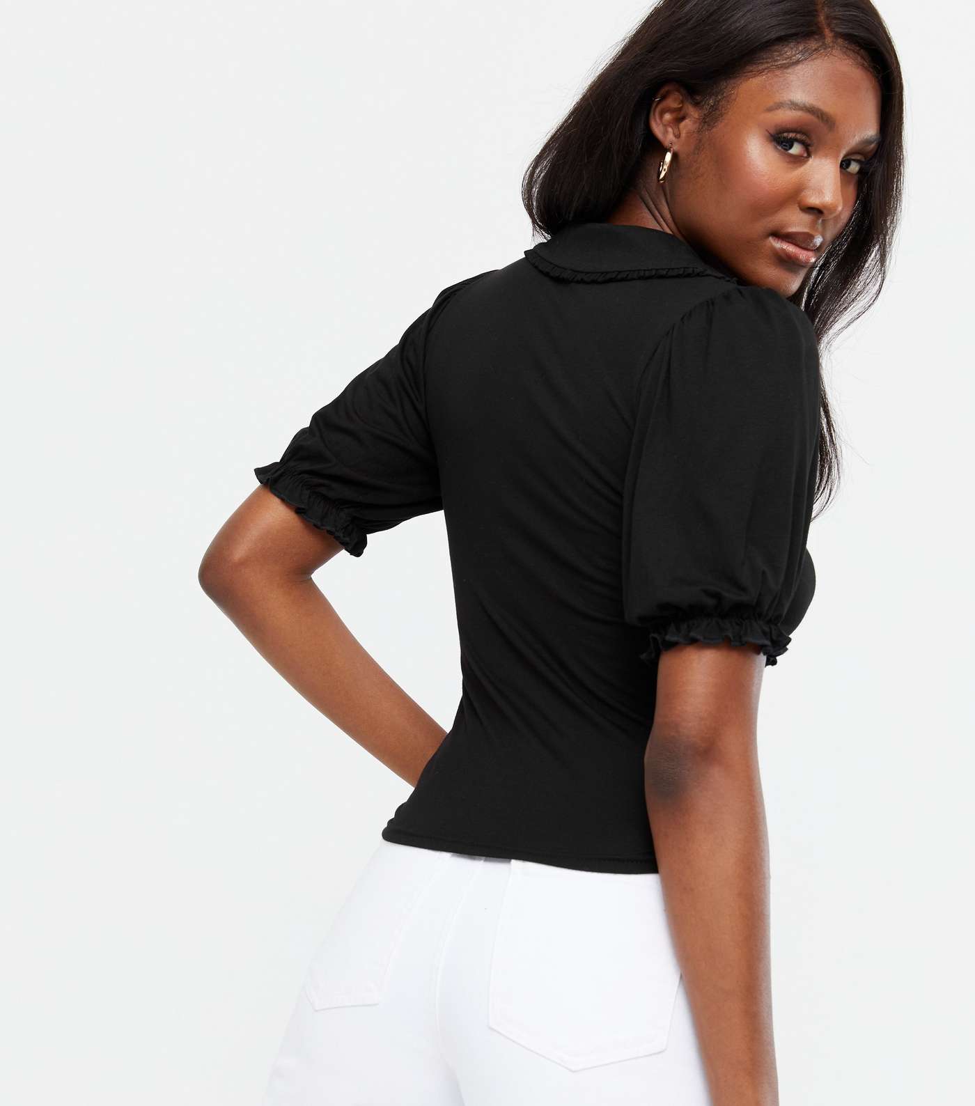 Black Frill Collar Button Front T-Shirt Image 4