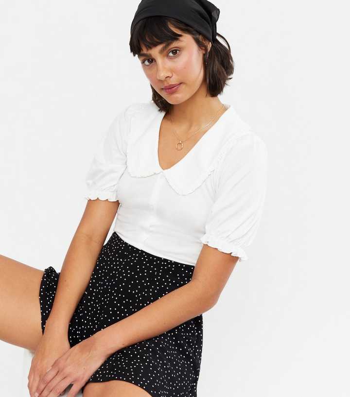 White Frill Collar Button Front T-Shirt