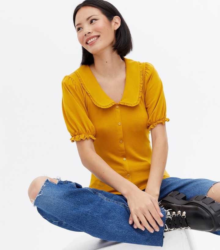 Mustard Frill Collar Button Front T-Shirt