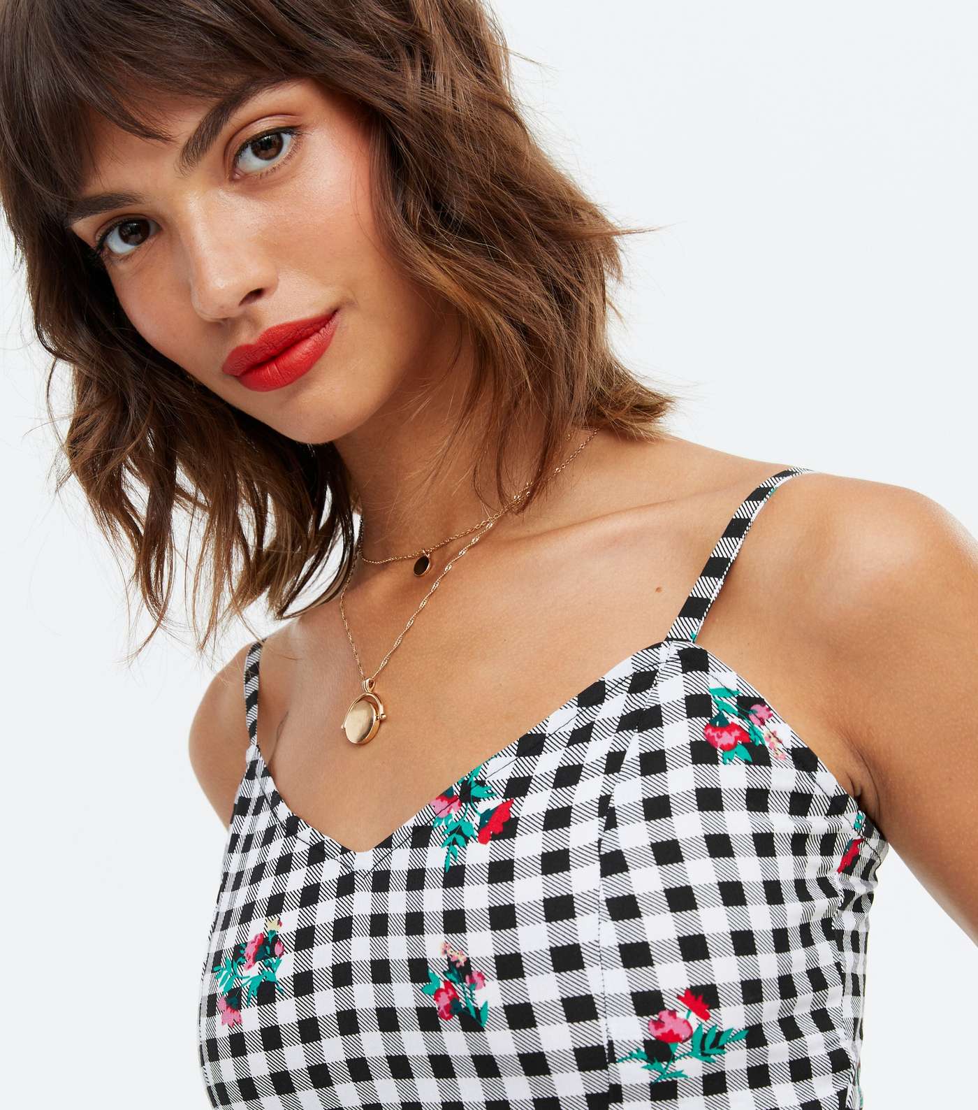 White Gingham Floral Embroidered Crop Cami Image 3