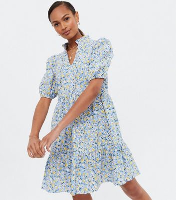 Pale Blue Ditsy Floral Poplin Mini Smock Dress | New Look