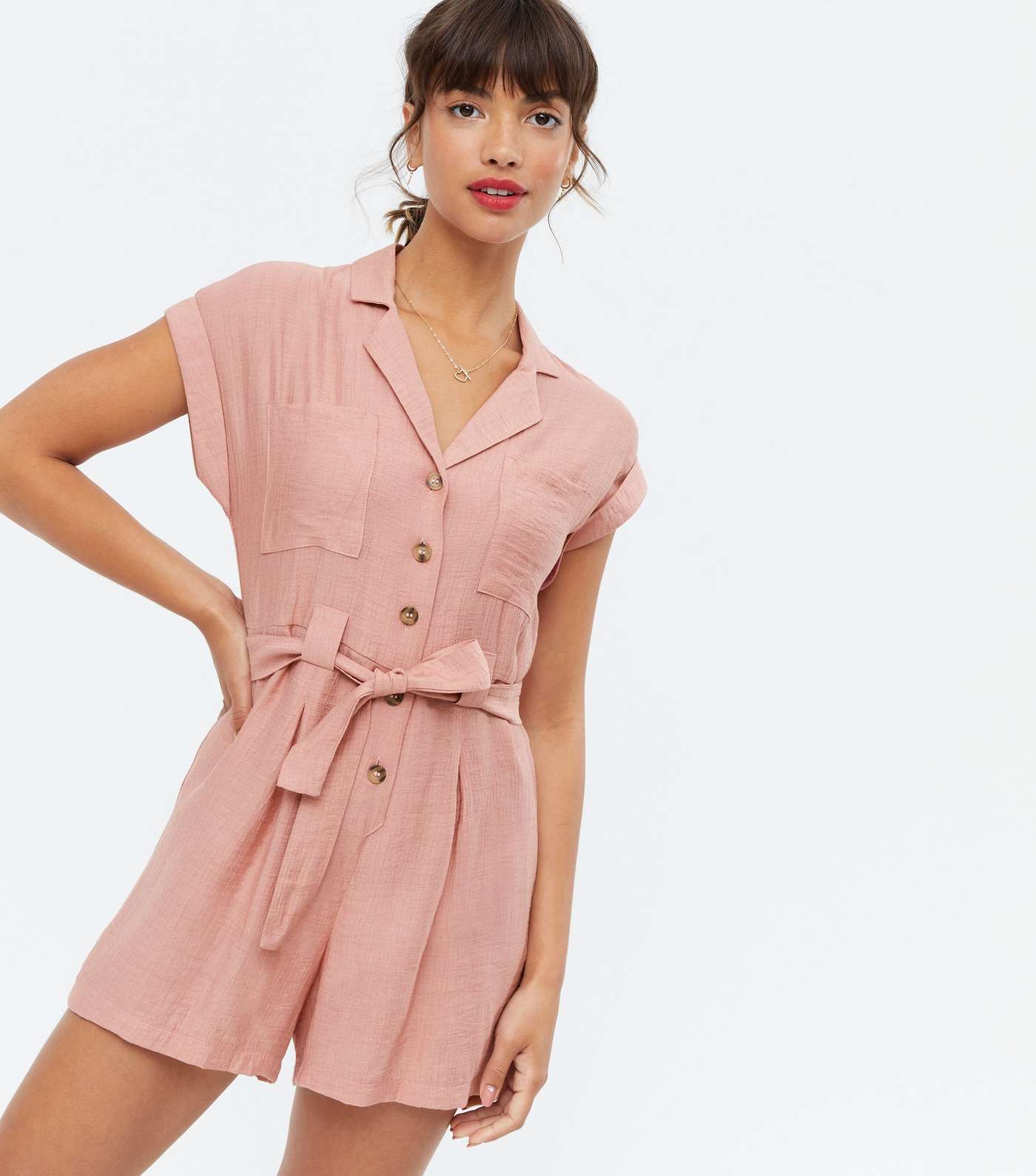 Mid Pink Revere Collar Belted Playsuit Image 2