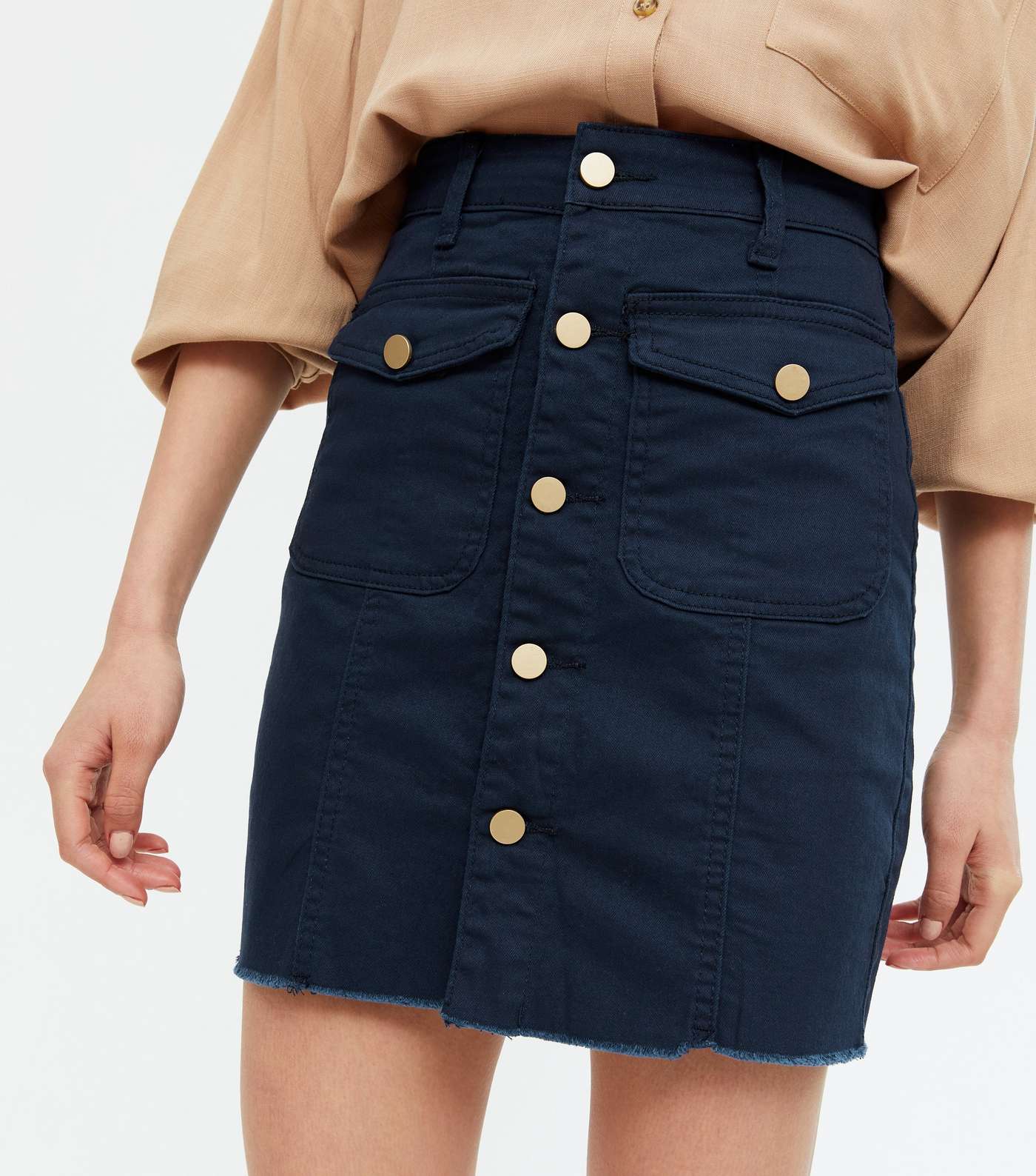 Pink Vanilla Navy Denim Frayed Button Mini Skirt Image 3