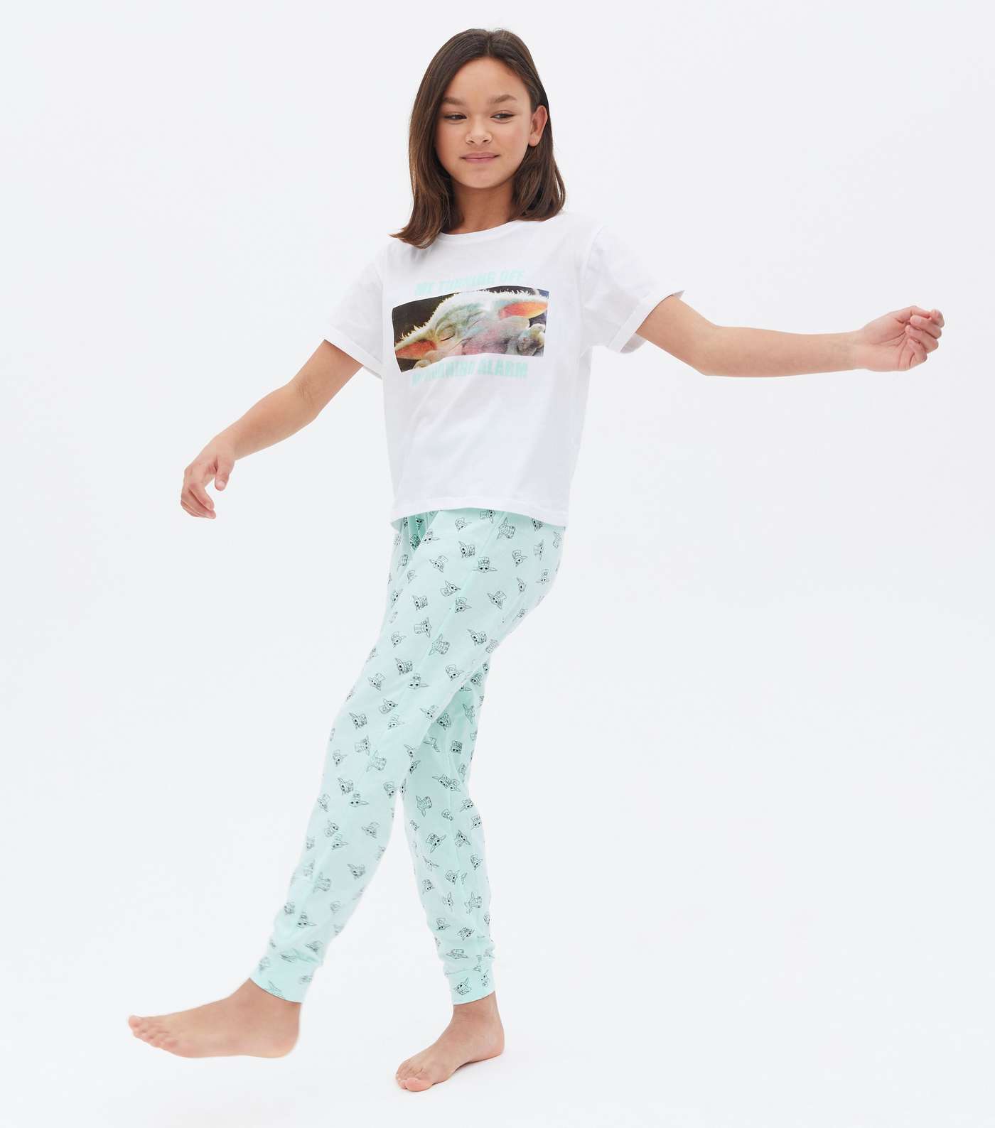 Girls White Pyjama Set with Disney Baby Yoda Star Wars Meme Logo