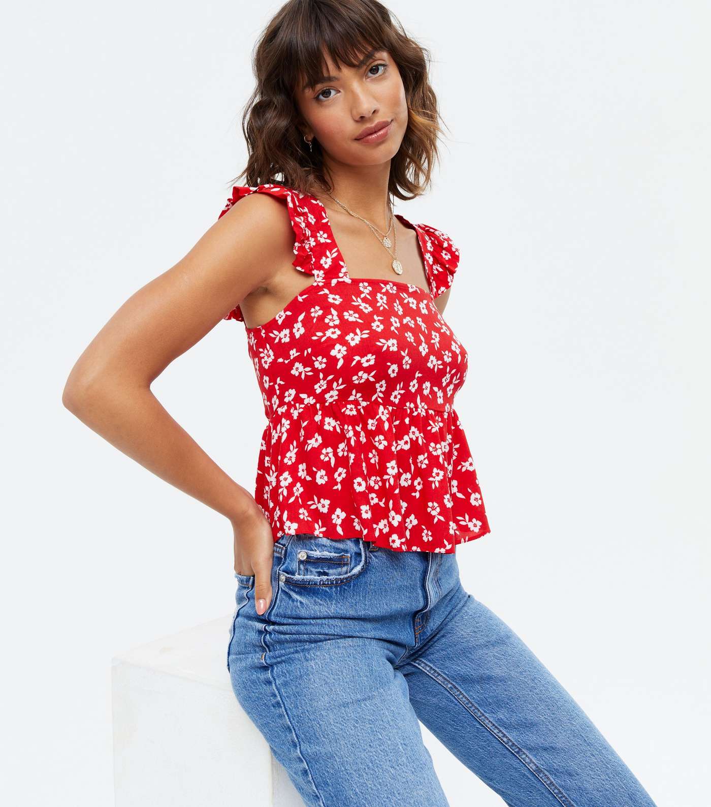 Red Ditsy Floral Frill Tie Back Peplum Cami 