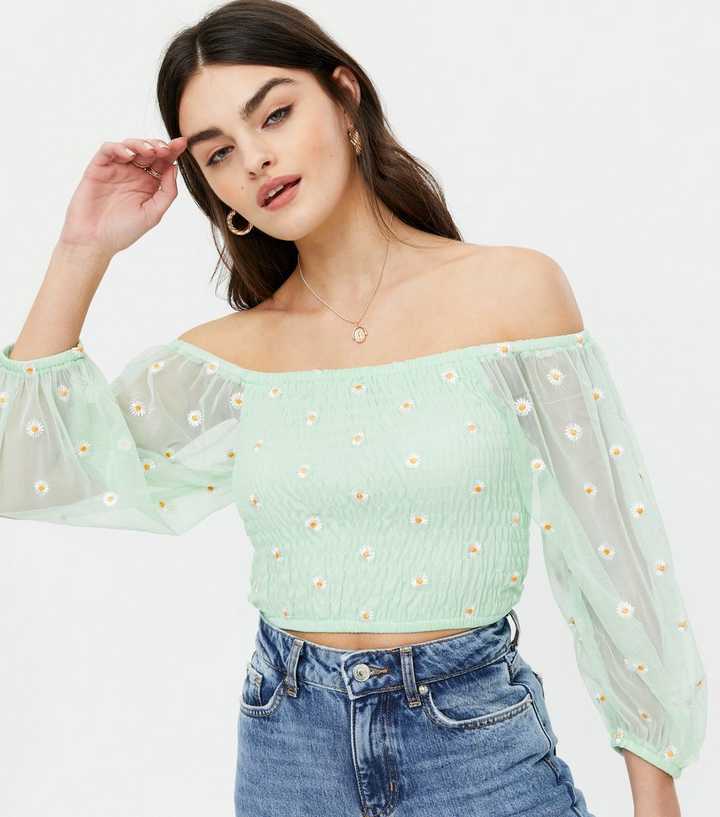 Pink Vanilla Mint Green Daisy Embroidered Bardot Top
