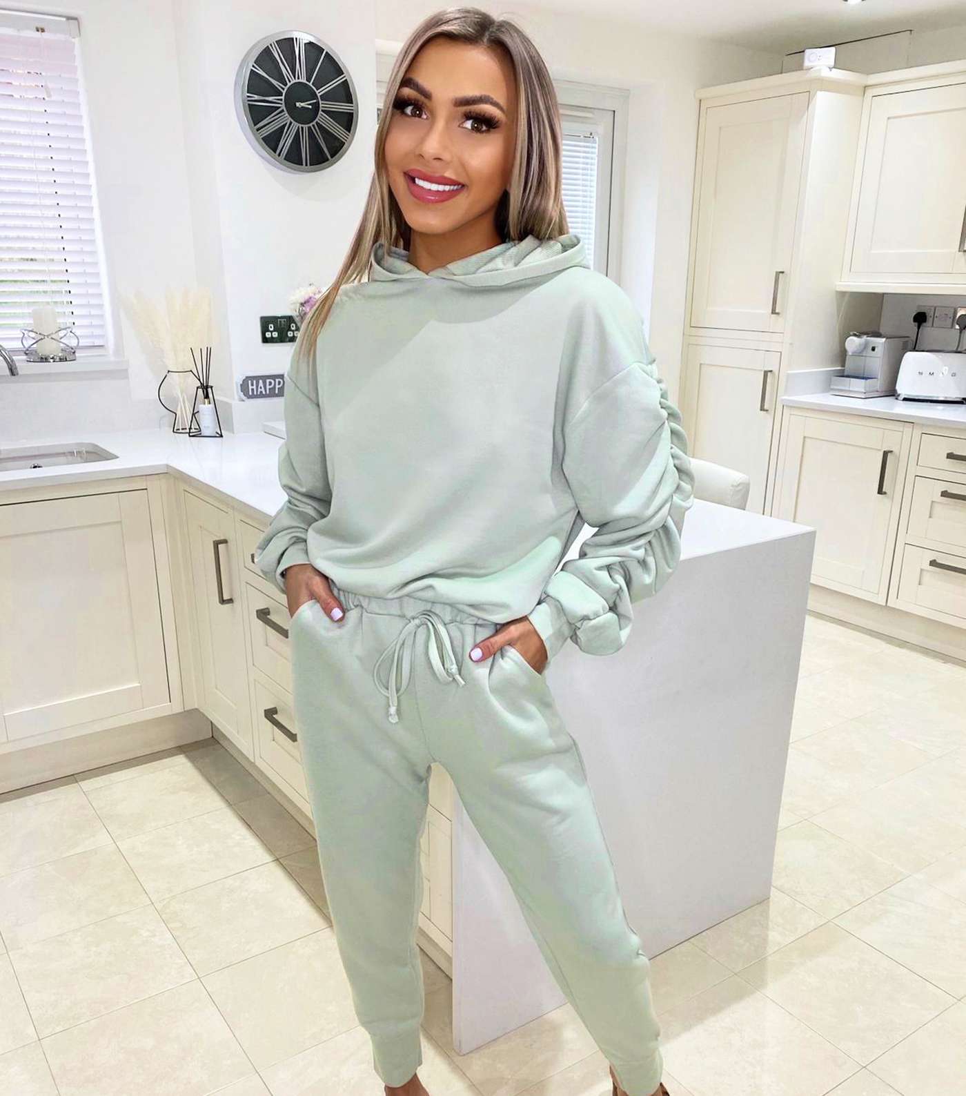 AX Paris Light Green Ruched Sleeve Hoodie and Jogger Lounge Set Image 2