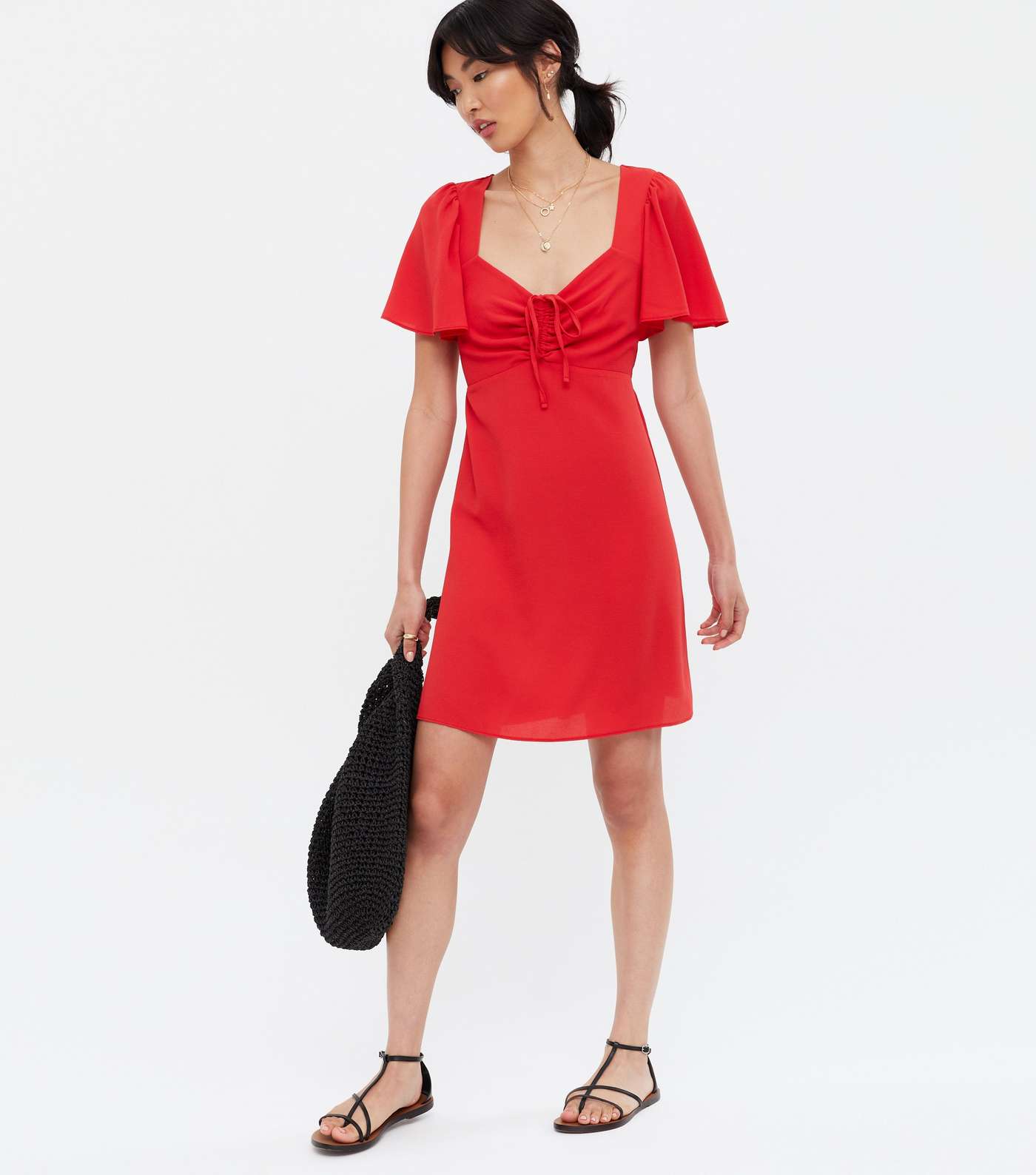 Red Ruched Tie Front Flutter Sleeve Mini Dress Image 2