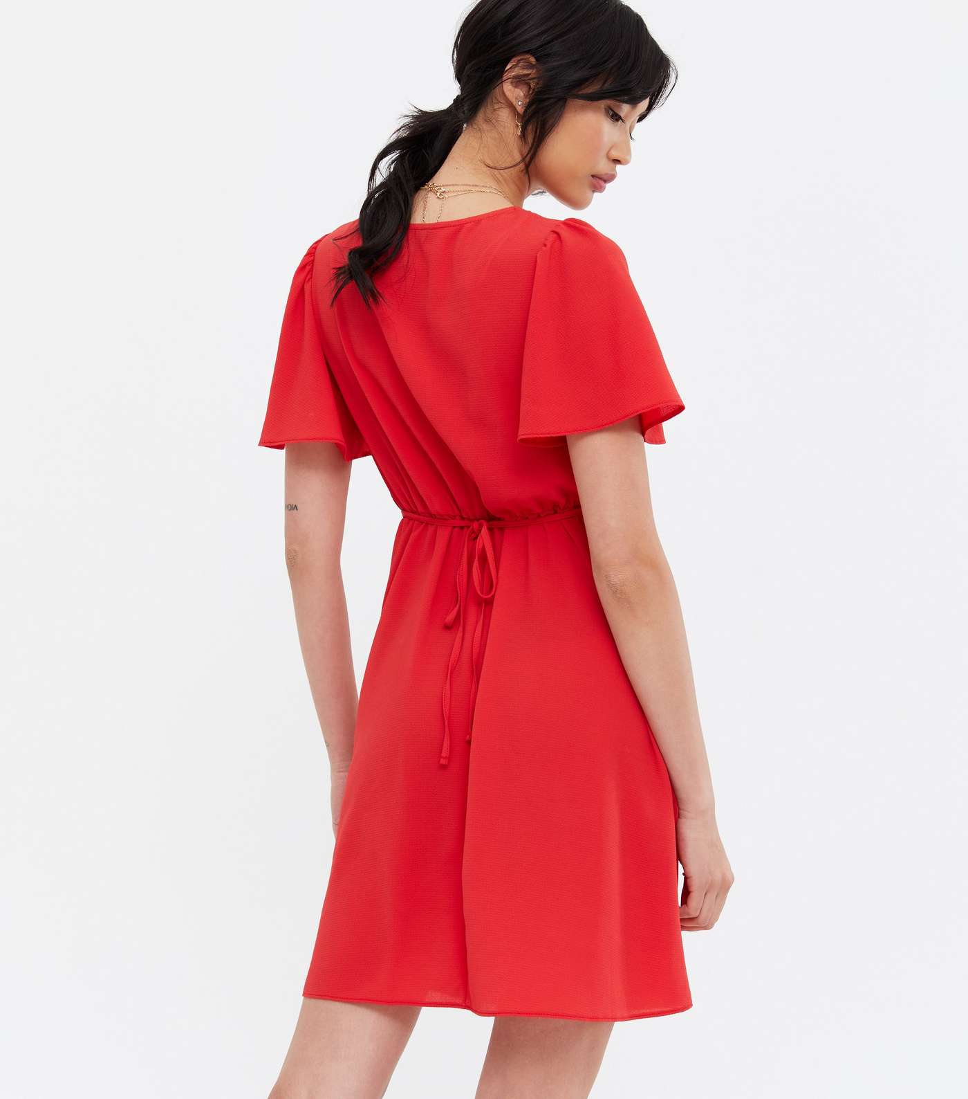Red Ruched Tie Front Flutter Sleeve Mini Dress Image 4
