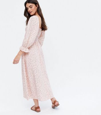 Pink Floral Shirred Puff Sleeve Midi 
