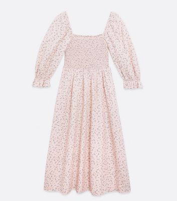 pink floral shirred puff sleeve midi dress