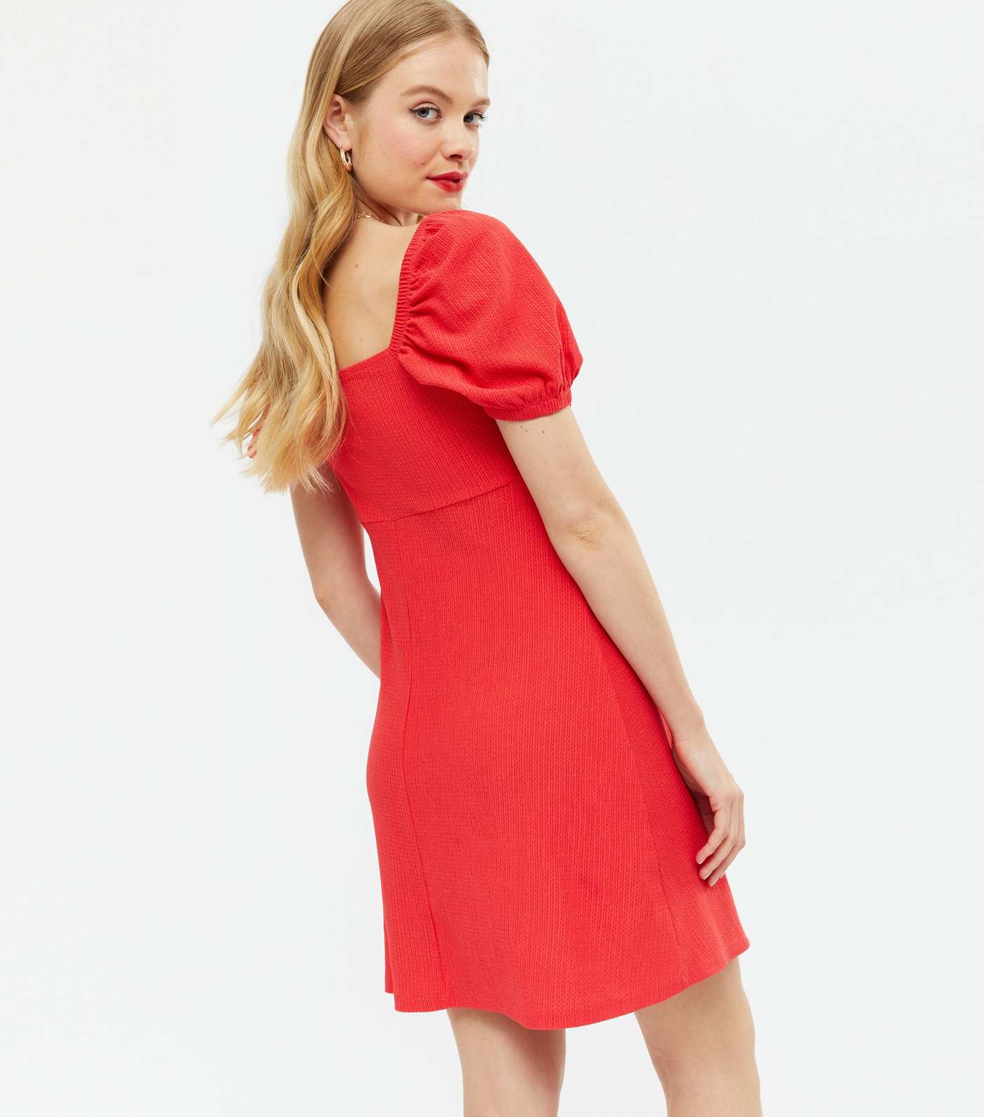 Red Crinkle Ruched Puff Sleeve Mini Dress Image 4